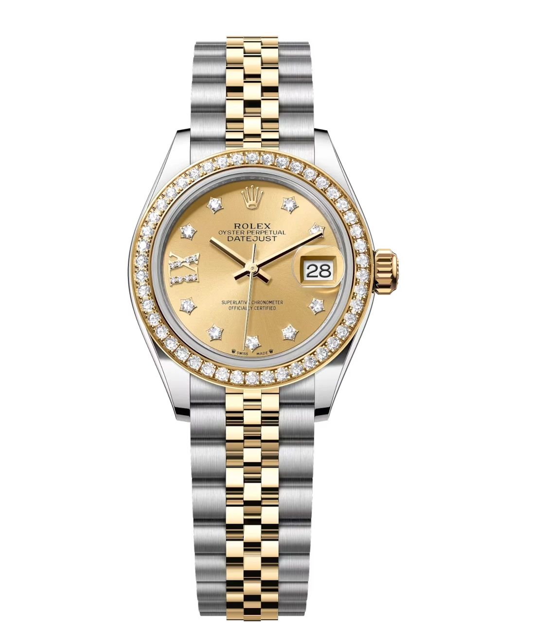 Rolex Lady-Datejust 28 Oyster Perpetual watch in Oystersteel and yellow gold with champagne dial and diamond-set Jubilee band