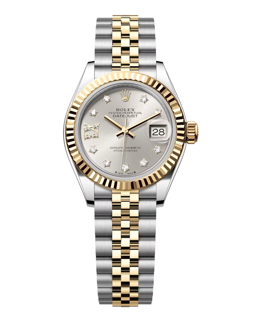 Rolex Lady-Datejust 28 Oyster Perpetual Oystersteel and yellow gold silver, diamond-set dial Jubilee band Reference 279173