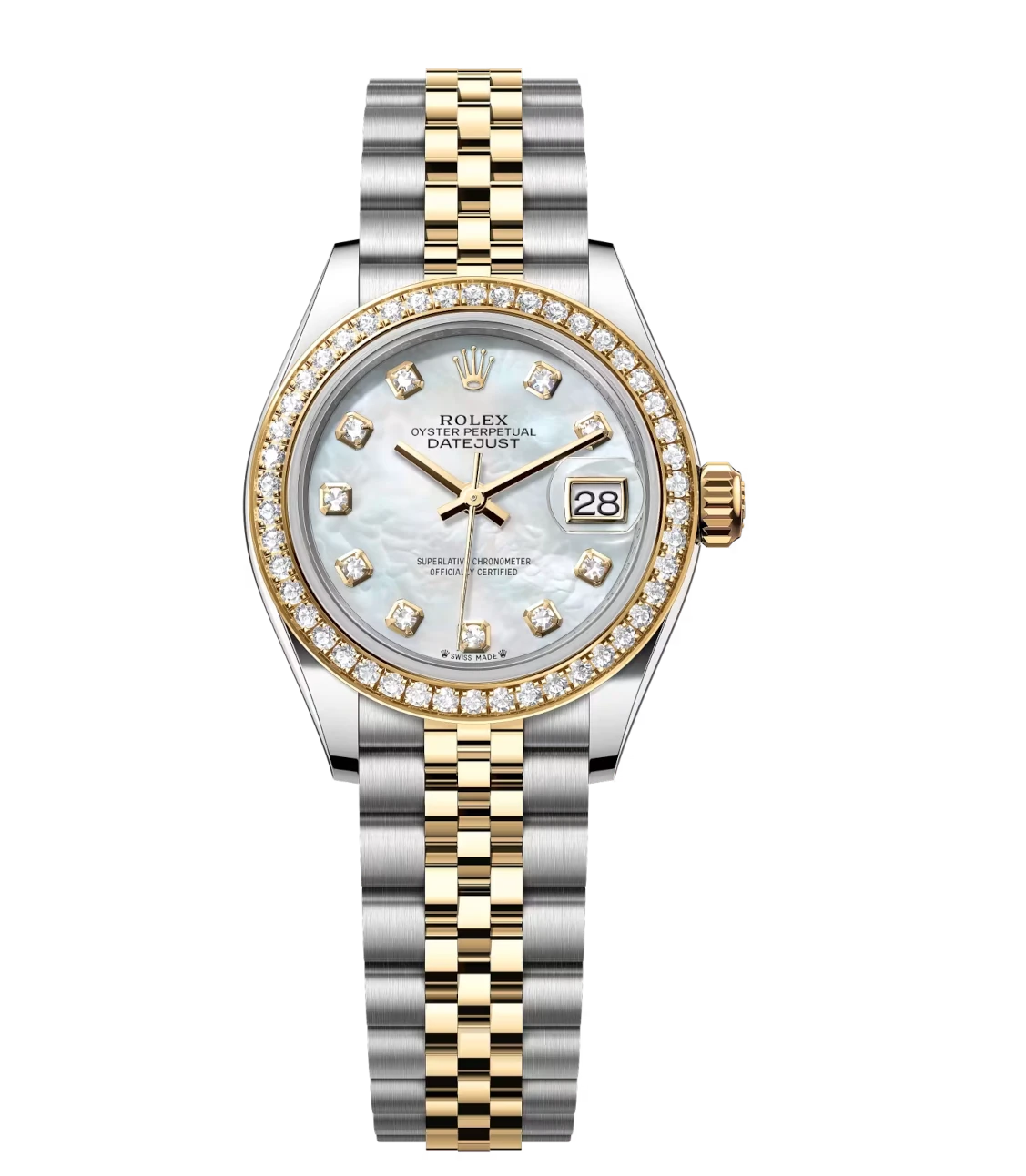 Rolex Lady-Datejust 28 Oyster Perpetual watch with yellow gold and white mother-of-pearl dial on a Jubilee band